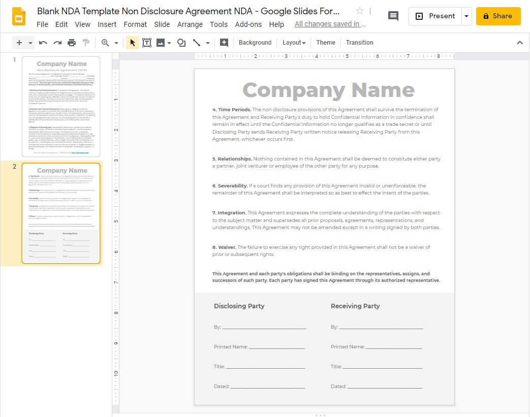 Blank NDA Template Non Disclosure Agreement in Google Slides Format PDF WORD DOC PPTX ODP SVG