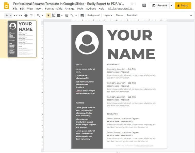 Professional Resume Template in Google Slides Easily Export to PDF