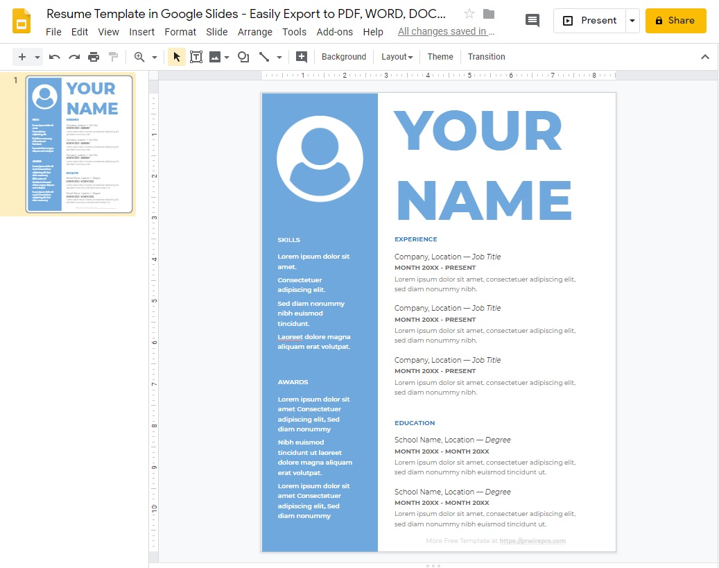 Resume Template Google Slides Format PDF WORD DOC PPTX ODP SVG