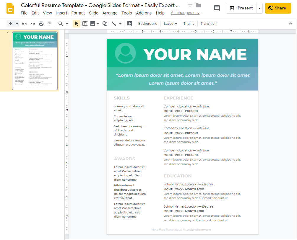 Colorful Resume Template - Google Slides Format - Easily Export to PDF, WORD, DOC, PPTX, ODP Format