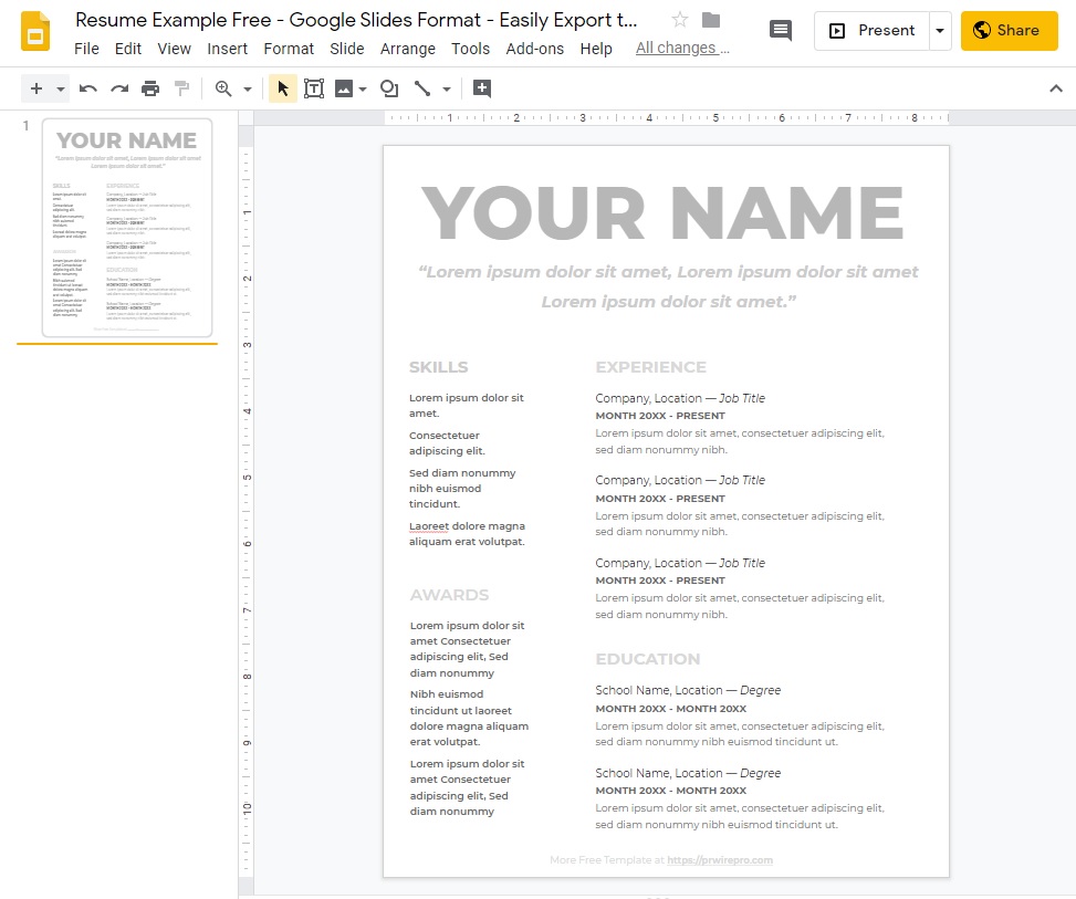 Resume Example Free - Google Slides Format - Easily Export to PDF, WORD, DOC, PPTX, ODP Format Features